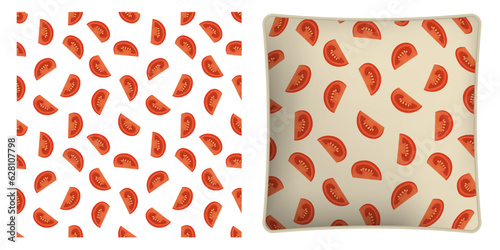 Square decorative pillow, bedroom accessory decorated seamless pattern with sliced tomato. Tomato wedges and slices for salad. Vector ornament for design of posters and printing on textile