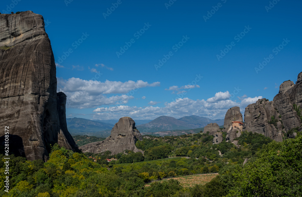 Greece. Meteora - incredible sandstone rock formations and monasteries. The Meteora area is on UNESCO World Heritage List. summer panorama