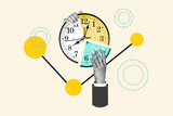 Composite collage picture of black white colors arms hold wall watch clock diagram piece isolated on drawing beige background