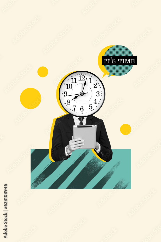 Vertical collage of black white effect elegant man watch clock instead head its time bubble use tablet isolated on painted background Vertical collage of black white effect elegant man watch clock instead head its time bubble use tablet isolated on painted background