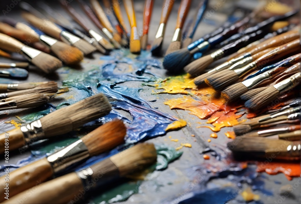 Fototapeta premium Paint brushes, artist's table at work, Generative Ai