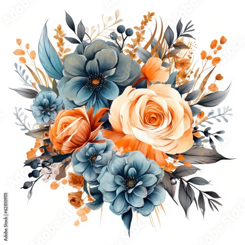 floral design with blue and orange flowers isolated on white , AI Generated