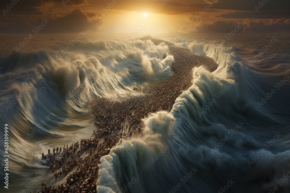 "Moses Leads His People: The Exodus unfolds as he guides the Israelites to freedom, a journey of faith, liberation, and hope amidst trials and miracles. - obrazy, fototapety, plakaty 