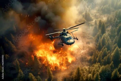 Firefighters use a helicopter to extinguish a forest fire. Forest fires are a problem of climate change and global warming. Generative ai