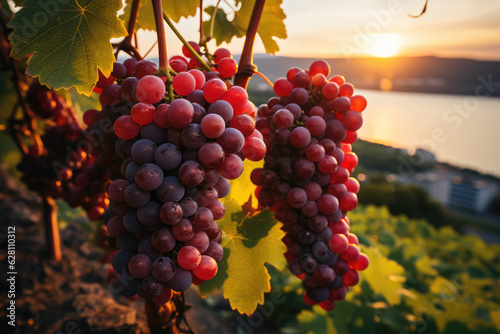 Red wine in mosel vineyard, Germany. Purple grapevine in Vineyards. New vintage wine concept. 