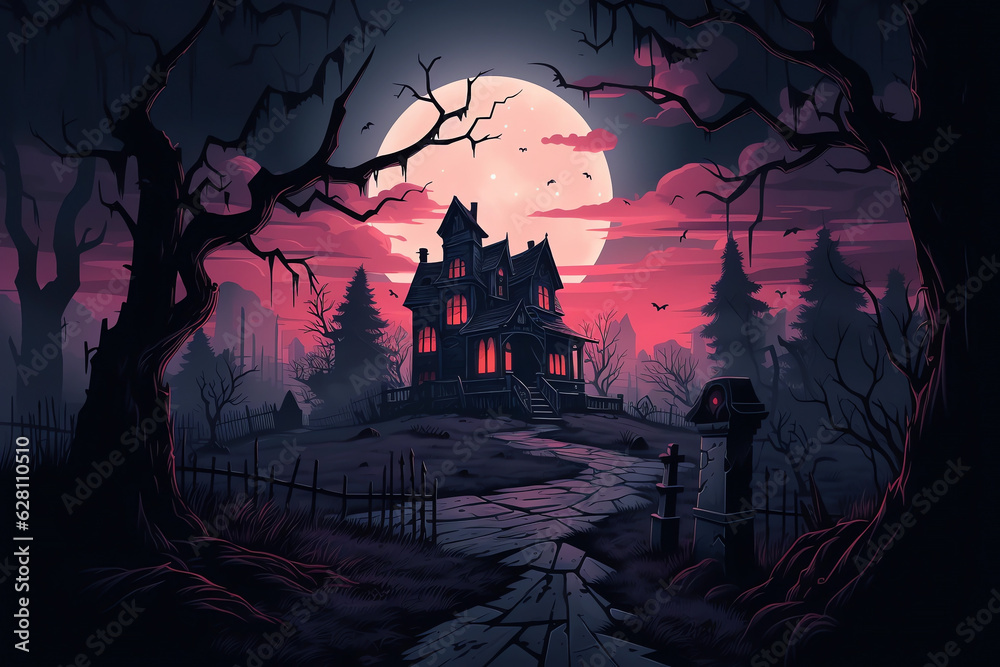 Halloween haunted house with bright moon. Halloween background for games. Halloween spooky mansion with stoned path.
