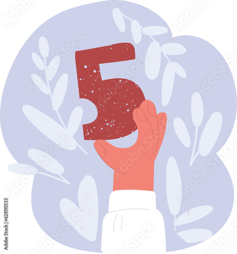 Vector illustration of Number five in hand. Hand holding. Number 5 on red background with copy space. Concept with number five. Birthday 5 years, fifth grade, five day work week