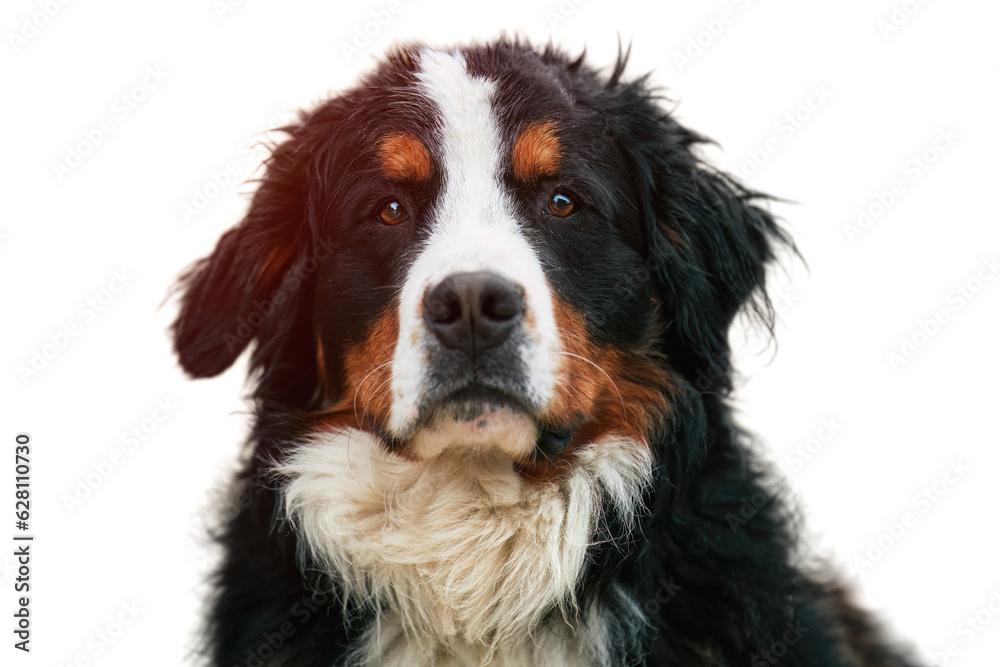 Dog portrait isolated on white background. Adorable Cute Young male Of Bernese Mountain Dog Standing in the Alps of Switzerland. Bernese Mountain Dog.
