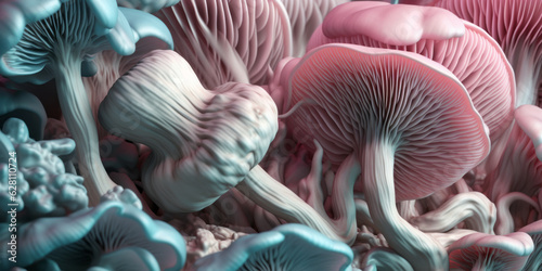Mushrooms close up detailed with pink and blue neon illumination. Long horizontal banner. Generative AI