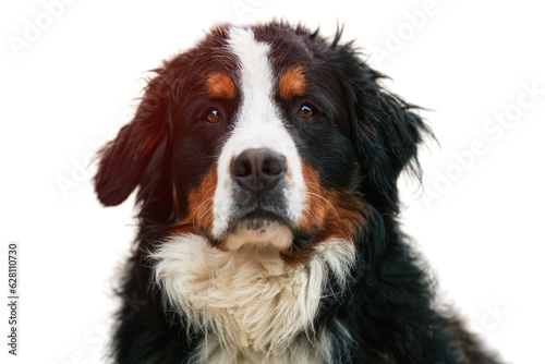 Dog portrait isolated on white background. Adorable Cute Young male Of Bernese Mountain Dog Standing in the Alps of Switzerland. Bernese Mountain Dog. © AlexGo