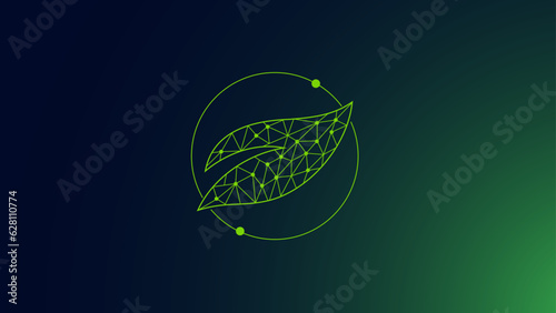 Green leaf technology.  Low poly abstract green leaf in circle with connections.  Vector template.