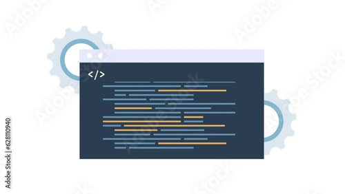 Source code scrolling with gear element, animated scene explanation