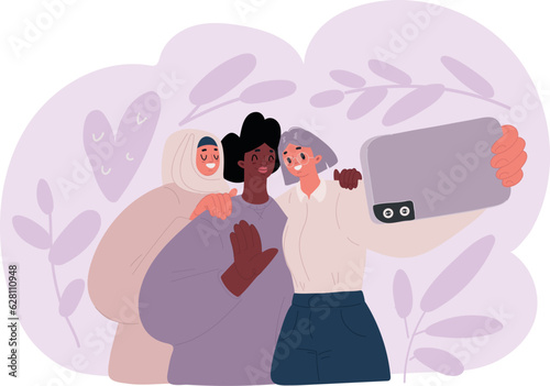 Vector illustration of Selfie of a group of happy woman taking photo with a phone or chatting. Multiculturalism Afro, muslim, white girls over dark background