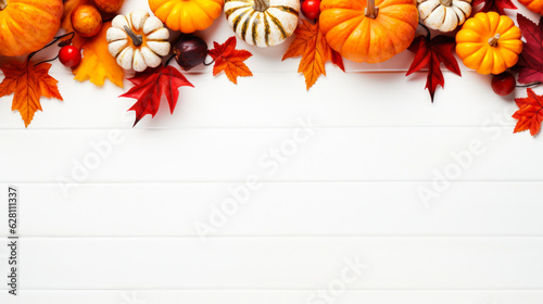 Festive autumn decor from pumpkins  berries and leaves on a whit