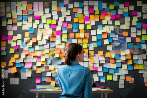 Young female employee with conflicting priorities. To many sticky notes and reminders in the office. High quality photo photo