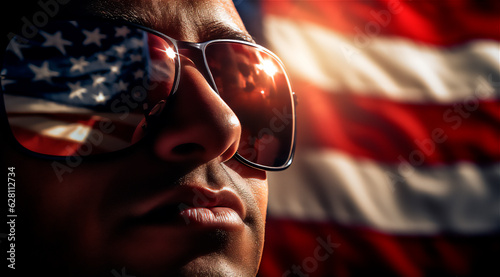 Mann mit Sonnenbrille vor US-amerikanischer Flagge im Sonnenuntergang