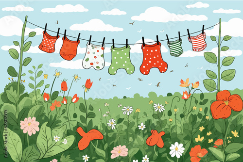 Colorful drawing of baby clothes on a rope in the countryside. Many fun different onesies hanging on a clothes line among flowers