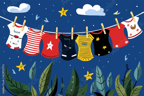 Colorful drawing of baby clothes on a rope in the countryside. Many fun different kid T-shirts hanging on a clothes line in the garden at night