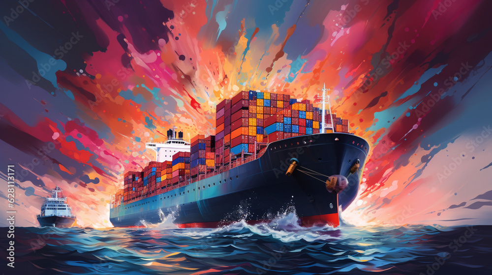 a massive container ship gracefully sailing away from the cargo port ...