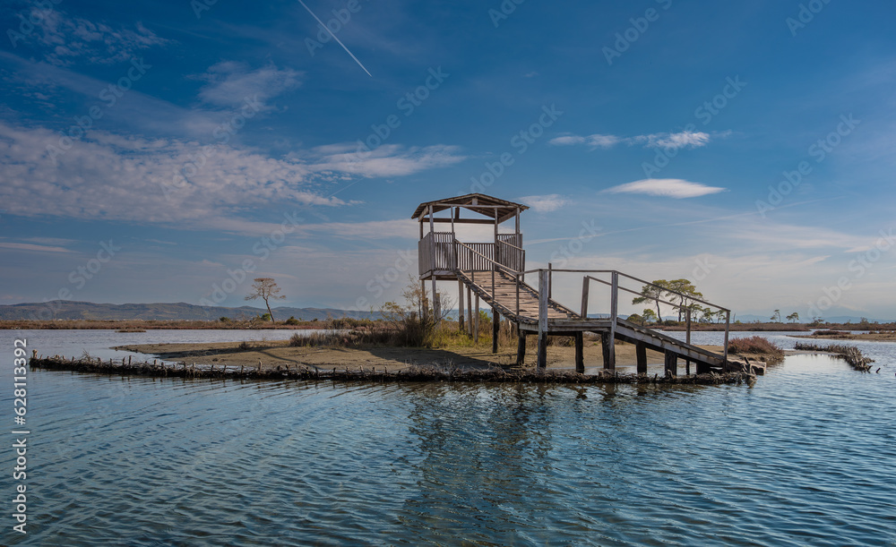 observation platform in the Lagoon of Divjake-Karavasta National Park in Albania. Beautiful landscape. travel concept