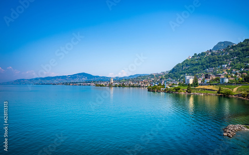 Panoramic view of Montreux and Lake Geneva, Switzerland.