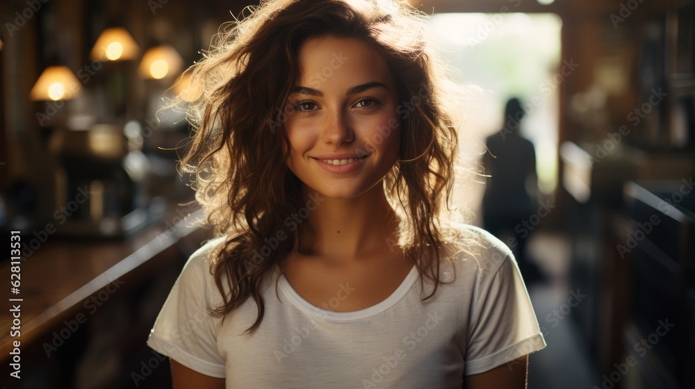 centered portrait shot of a gorgeous woman wearing a white t-shirt in a cafe