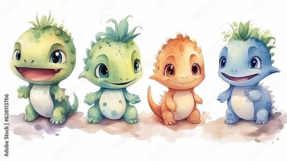 watercolor cartoon style dinosaurs, AI Generated watercolor cartoon style dinosaurs, AI Generated