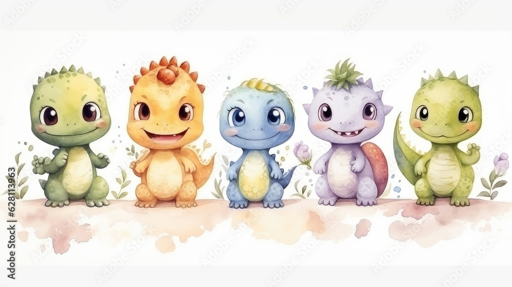 watercolor cartoon style dinosaurs, AI Generated watercolor cartoon style dinosaurs, AI Generated