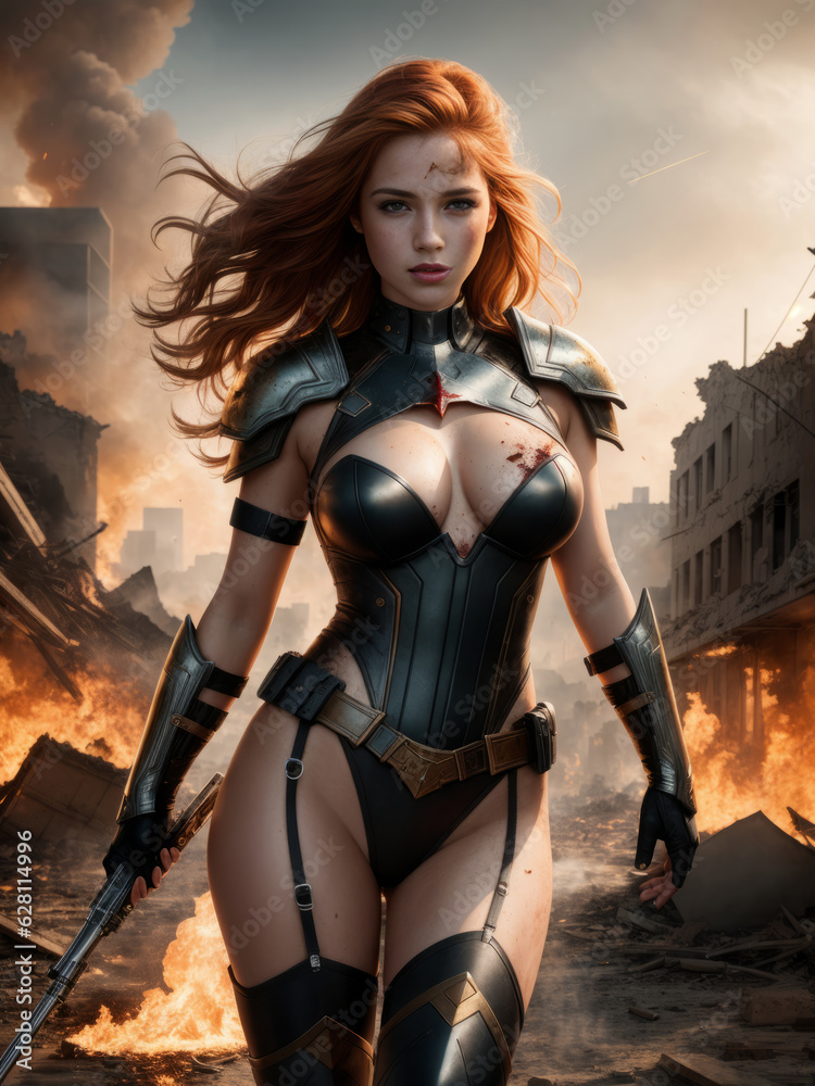 a nubile enraged redhead superhero (in a ruined and burning city, skintight full body superhero outfit