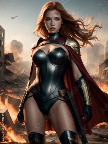 a nubile enraged redhead superhero (in a ruined and burning city, skintight full body superhero outfit photo
