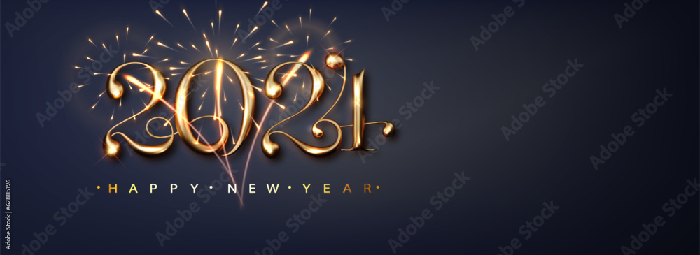 Happy new year 2024 banner with flickering fireworks. Dark luxury background with golden metallic numbers date. Vector illustration Happy new year 2024 banner with flickering fireworks. Dark luxury background with golden metallic numbers date. Vector illustration