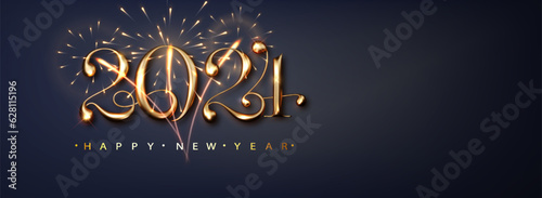 Happy new year 2024 banner with flickering fireworks. Dark luxury background with golden metallic numbers date. Vector illustration