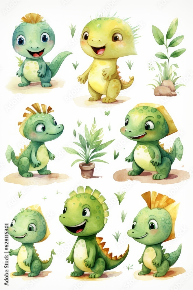 watercolor cartoon style dinosaur with small elements, AI Generated watercolor cartoon style dinosaur with small elements, AI Generated