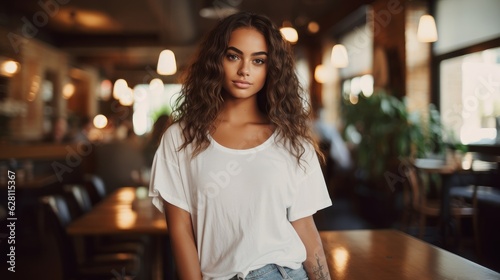 centered portrait shot of a gorgeous woman wearing a white blank t-shirt in a cafe, mockup