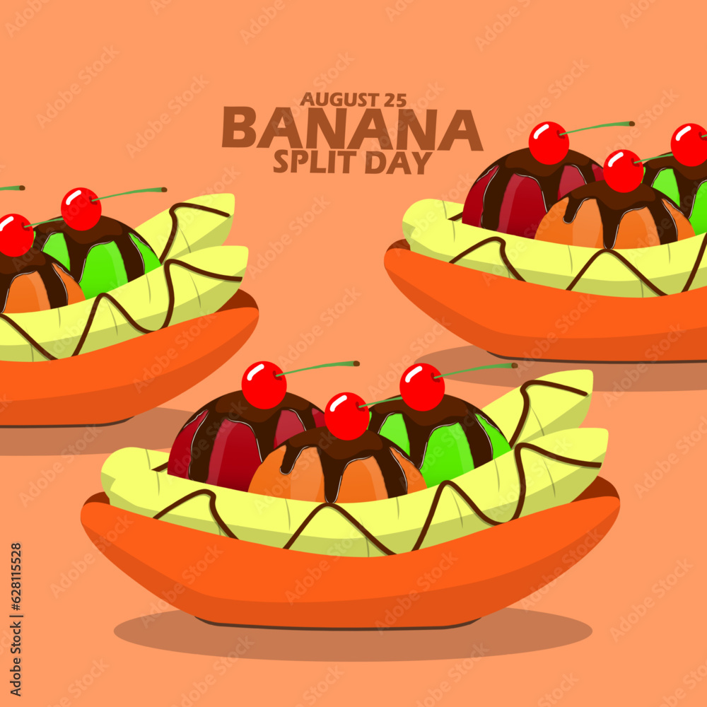 Delicious ice cream with bananas and cherries commonly called Banana Split ice cream, with bold text on light brown background to celebrate National Banana Split Day on August 25 Delicious ice cream with bananas and cherries commonly called Banana Split ice cream, with bold text on light brown background to celebrate National Banana Split Day on August 25