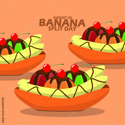 Delicious ice cream with bananas and cherries commonly called Banana Split ice cream, with bold text on light brown background to celebrate National Banana Split Day on August 25
