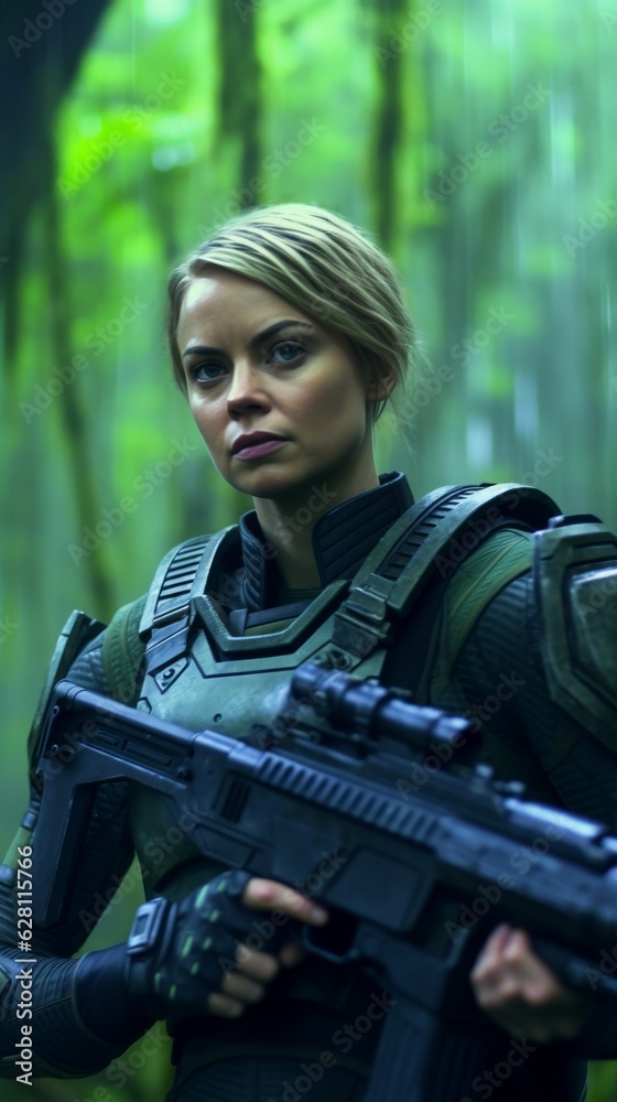cinematic scene of a woman fighter walking in the woods holding a gun cinematic scene of a woman fighter walking in the woods holding a gun