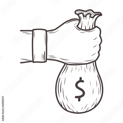 Hand holding a money bag sack, money icons hand drawn illustration