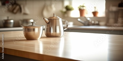 empty stainless steel texture table blurred kitchen background