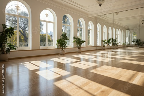 Serenity in a white yoga studio with ample space