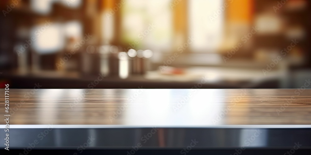 empty stainless steel texture table blurred kitchen background