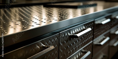 empty stainless steel texture table blurred kitchen background