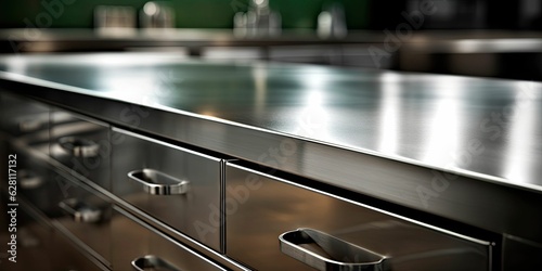 empty stainless steel texture table blurred kitchen background photo