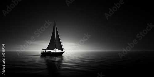 AI Generated. AI Generative. Ship sail boat yacht in open sea ocean lake water. Summer outdoor adventure vacation trip luxury lifestyle. Black and white photo illustration