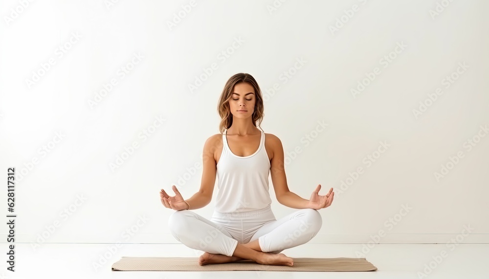 female yoga styles with left copyspace on a clean white backdrop female yoga styles with left copyspace on a clean white backdrop