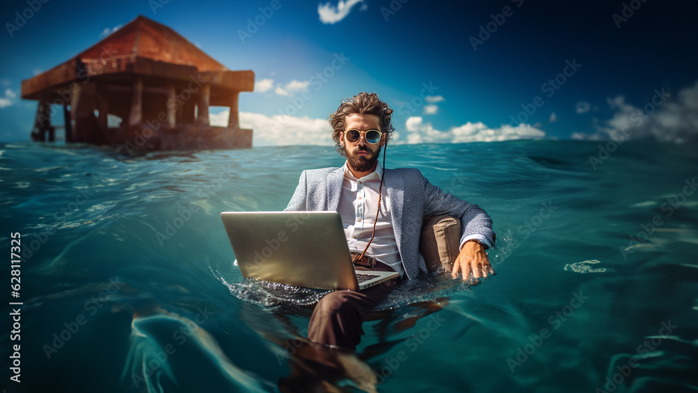 Fleißiger Geschäftsmann sitzt mit Laptop im Anzug im Meer auf einem Stuhl, ai generativ