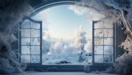 Winter wonderland seen through a frosty window