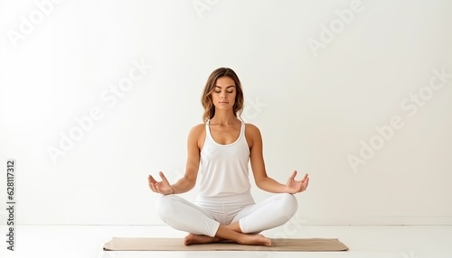female yoga styles with left copyspace on a clean white backdrop