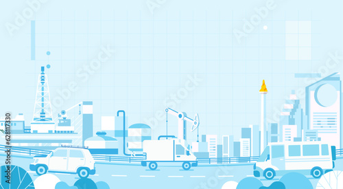 Cityscape background. City buildings Monochrome urban landscape with street trafic. Modern architectural panorama in flat style