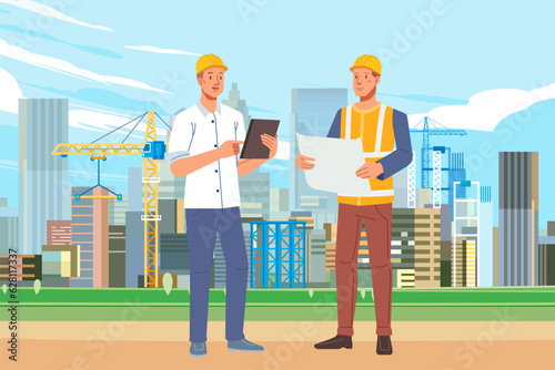 Construction site with architects and builders Civil engineer discussion, surveyors. Workers building a house in the city Engineering and construction concept